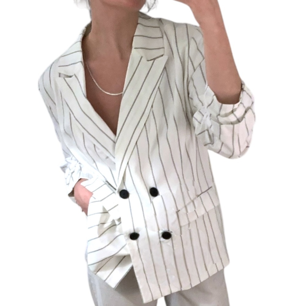 NWOT A NEW DAY 100% Cotton White Black Pinstripe Double Breasted Blazer - sz 16W - Picture 7 of 16